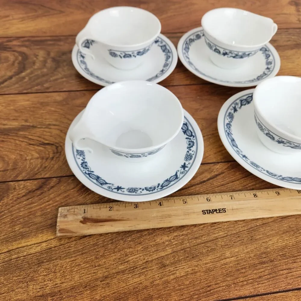 Vintage Corelle Tea Cup and Saucer Plate Old Town Blue Floral Pattern: Set of 8